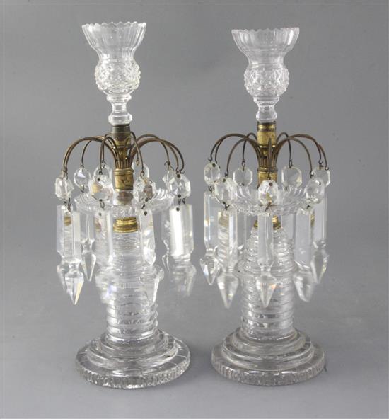 A pair of Regency cut glass table lustres, height 12in.